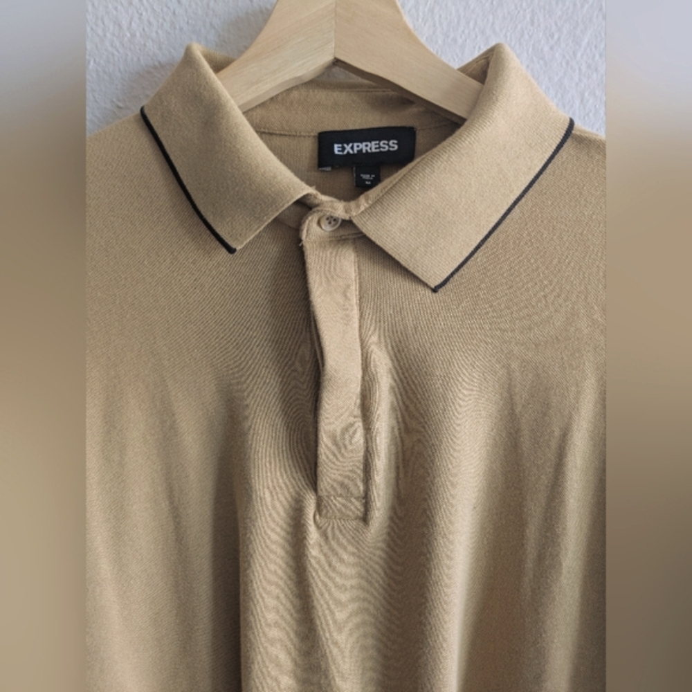 EXPRESS Men's Long Sleeve Tan Stripe Tipped Polo Size M
